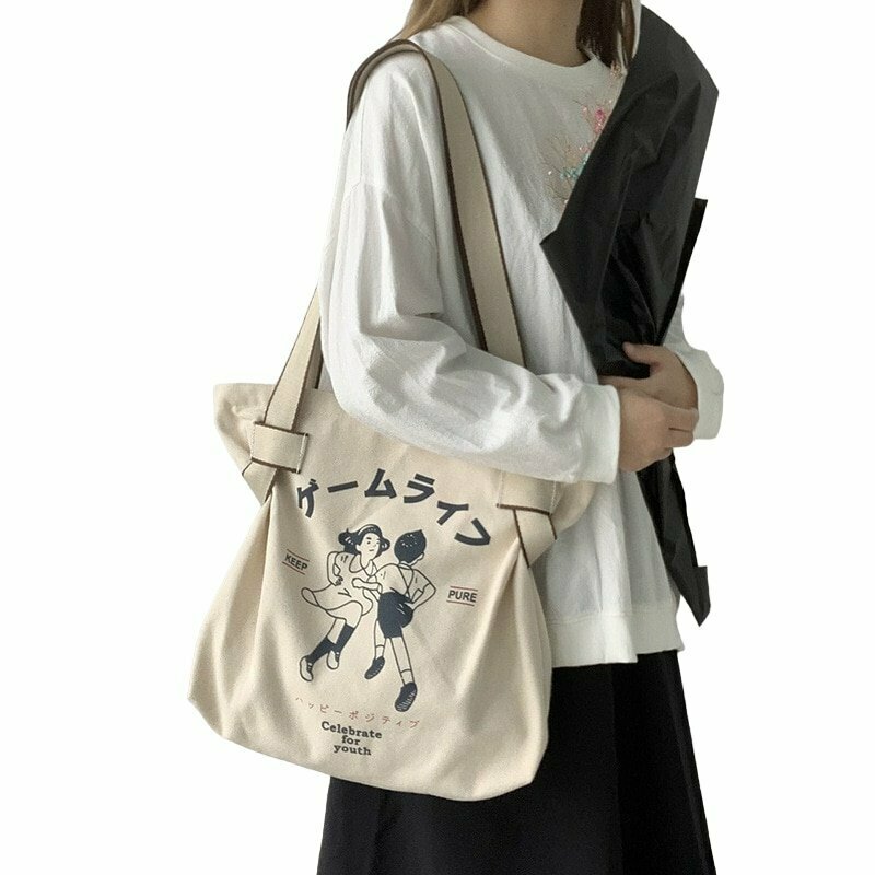 Korean Style Canvas Shopping Bag - Y2K & 90s Fashion, Grunge, Retro, Pastel Goth,