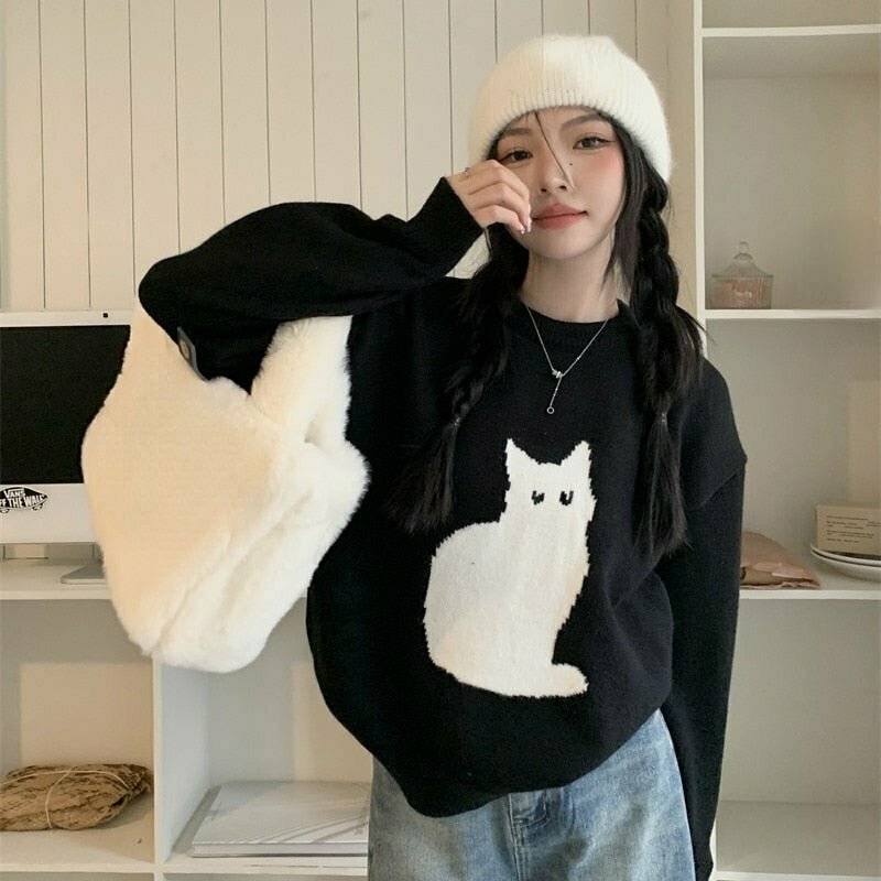 Korean Style Cute Cat Sweater - Y2K Summer Outfits, 90s Fashion, Grunge, Retro,