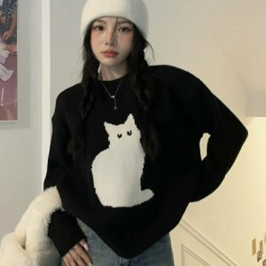 Korean Style Cute Cat Sweater - Y2K Summer Outfits, 90s Fashion, Grunge, Retro,