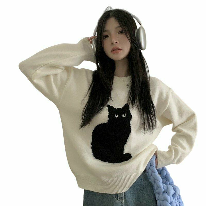 Korean Style Cute Cat Sweater - Y2K Summer Outfits, 90s Fashion, Grunge, Retro,