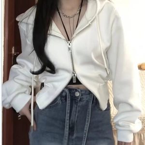 Korean Y2K White Zip Hoodie - Retro 90s Grunge Summer Outfit, Y2K Fashion, Baby Te