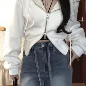 Korean Y2K White Zip Hoodie - Retro 90s Grunge Summer Outfit, Y2K Fashion, Baby Te