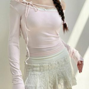 Lace-up Y2K Long Sleeve T-shirt - Retro 90s Grunge, Summer Y2K Outfits,