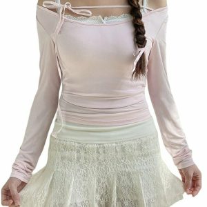 Lace-up Y2K Long Sleeve T-shirt - Retro 90s Grunge, Summer Y2K Outfits,