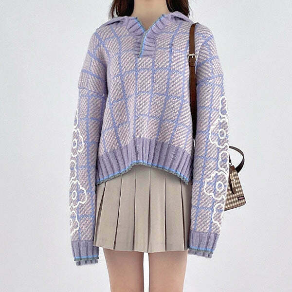 Lavender Plaid Sweater - Y2K & 90s Fashion, Grunge, Retro, Summer Outfits,