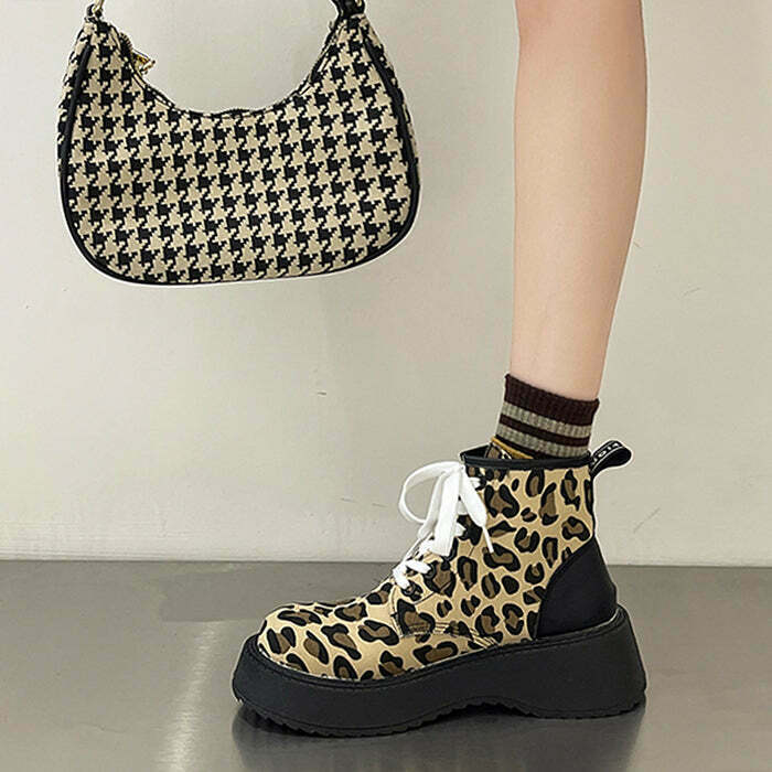 Leopard Lace Up Boots - Y2K & 90s Fashion Grunge, Retro, Gothic, Summer & Party Out