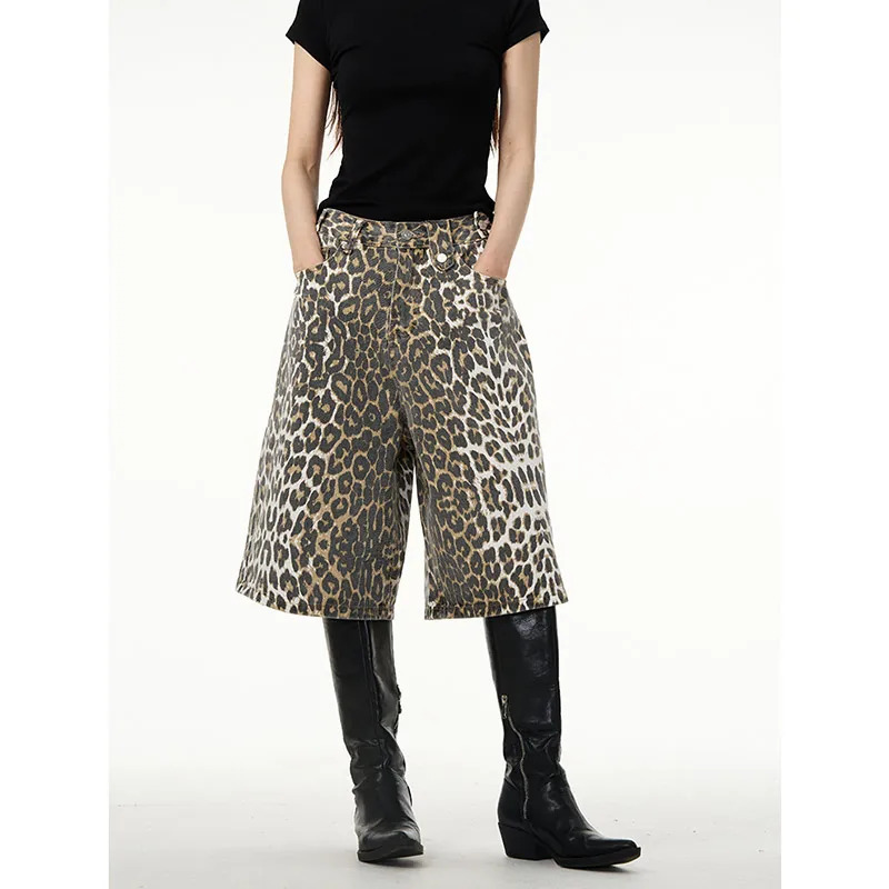 Leopard Print Y2K Vintage High Waist Women's Denim Shorts