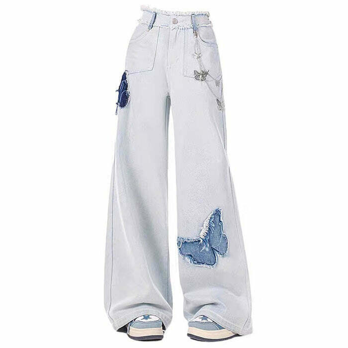 Light Blue Butterfly Aesthetic Jeans - Y2K Summer Grunge 90s Fashion Retro Style Y2K Outfits