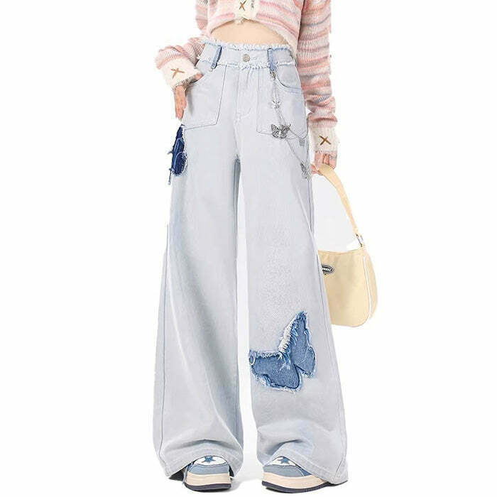 Light Blue Butterfly Aesthetic Jeans - Y2K Summer Grunge 90s Fashion Retro Style Y2K Outfits