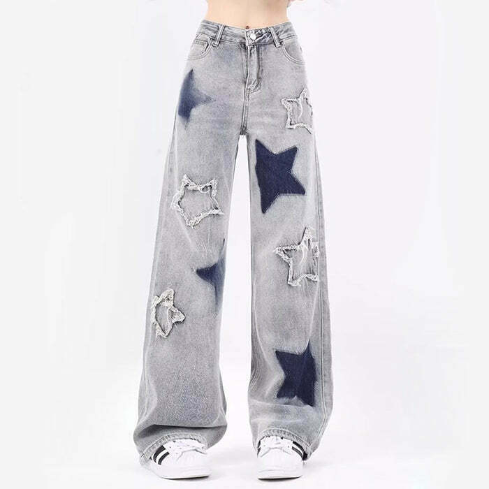 Light Blue Star Jeans - Y2K & 90s Fashion, Grunge, Retro, Summer & Party Outfits