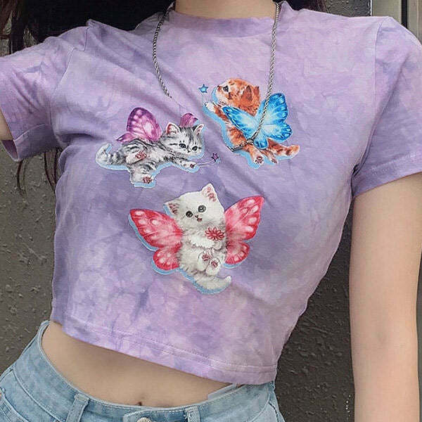 Magic Kitty Crop Top - Y2K & 90s Fashion, Grunge, Retro, Pastel Goth, Summer Out