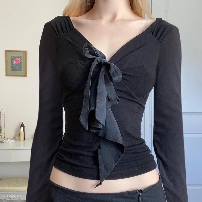 Midnight Mystique Bow Blouse - Y2K Summer Grunge, 90s Retro, Gothic Popstar Outfit