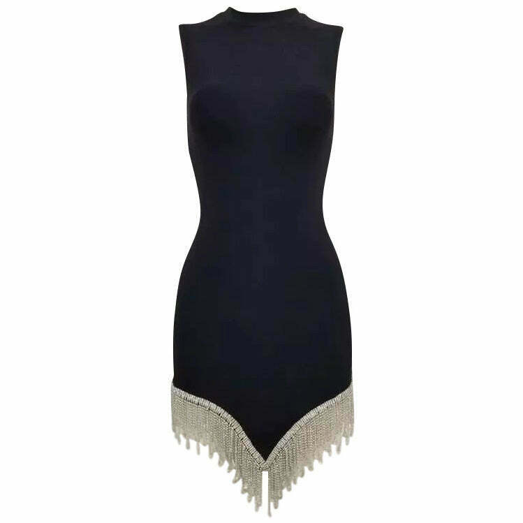 Midnight Rhinestone Fringe Dress - Y2K & 90s Fashion, Grunge, Retro, Party & Club Out