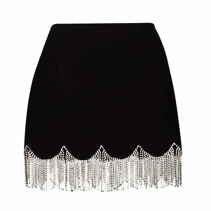 Midnight Rhinestone Fringe Skirt - Y2K Summer, 90s Fashion, Grunge, Retro, Party Out