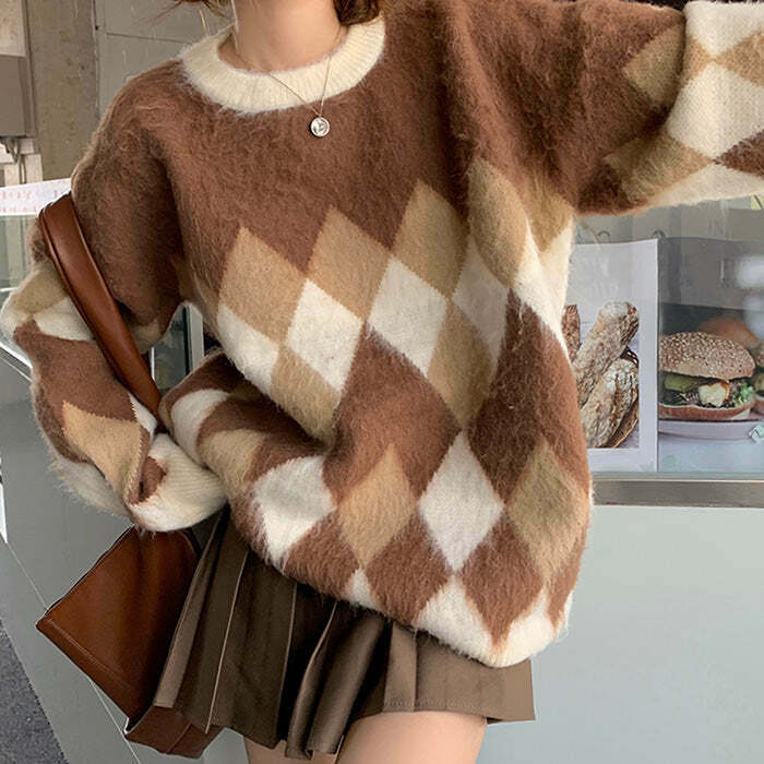 Mocha Fuzzy Argyle Sweater - Y2K Grunge 90s Fashion, Retro Summer Outfits, Past