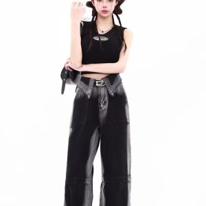 Monochrome Majesty Wide-Leg Jeans - Y2K & 90s Fashion, Grunge, Retro, Summer Out