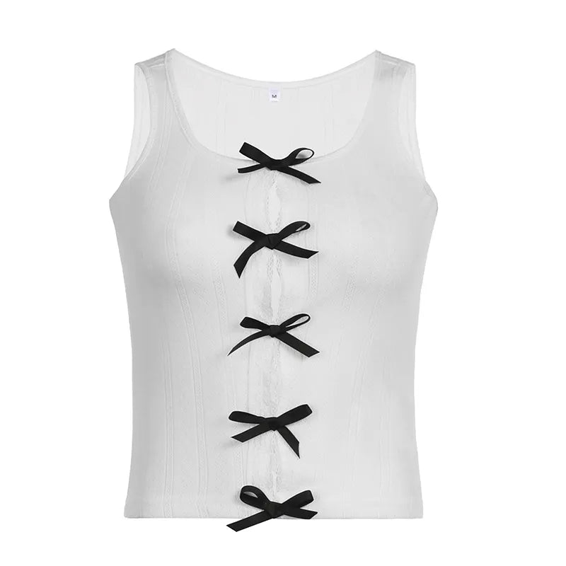 Monochrome Ribboned Elegance Top - Y2K & 90s Fashion, Grunge, Retro, Summer &