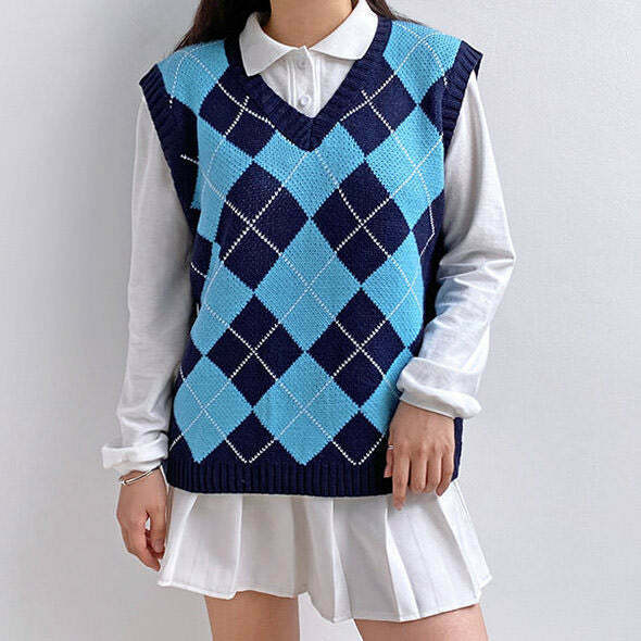 Navy Blue Argyle Vest - Y2K & 90s Fashion, Grunge, Retro, Summer & Party Out