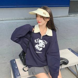 Navy Y2K Cartoon Hoodie - Retro 90s Grunge, Summer Y2K Outfits, Pastel Goth