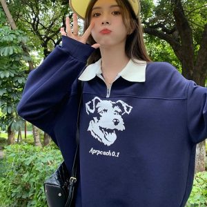 Navy Y2K Cartoon Hoodie - Retro 90s Grunge, Summer Y2K Outfits, Pastel Goth