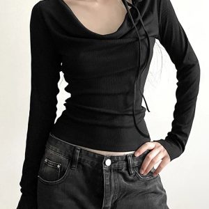 Noir Elegance Lace-Up Top - Y2K & 90s Fashion, Grunge, Retro, Summer & Party