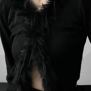 Noir Feather Finesse Top - Y2K Grunge, 90s Fashion, Retro Summer, Gothic Y2