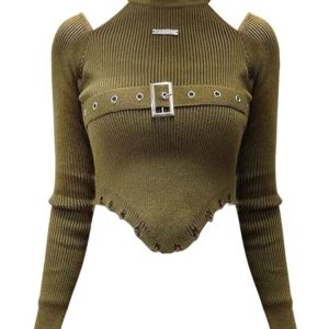 "Olive Enigma Harness Sweater - Y2K & 90s Fashion, Grunge, Retro, Summer &