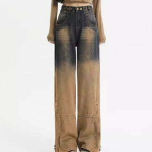 One Way Ticket Brown Aesthetic Jeans - Y2K Grunge, 90s Fashion, Retro Summer Outfit