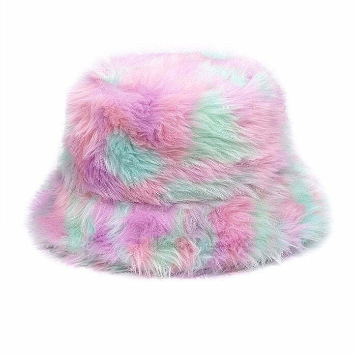 Pastel Aesthetic Fluffy Bucket Hat - Y2K Summer Grunge, 90s Retro, Gothic Y2K