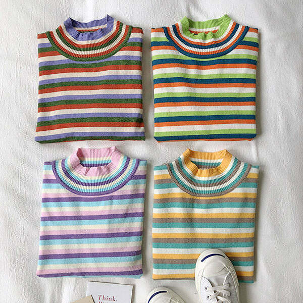 Pastel Striped Turtleneck Jumper - Y2K Summer Grunge, 90s Retro, Y2K