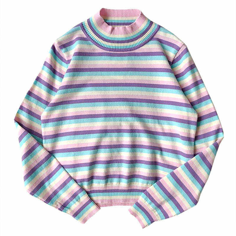 Pastel Striped Turtleneck Jumper - Y2K Summer Grunge, 90s Retro, Y2K