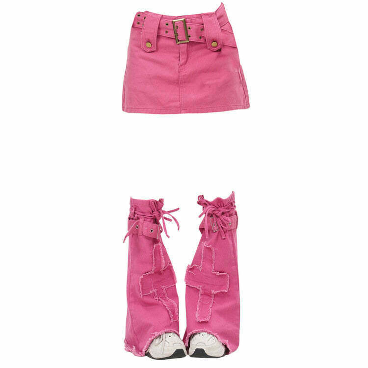 Pink Y2K Mini Skirt & Leg Warmers Set - Retro 90s Grunge, Summer Party, Club Out