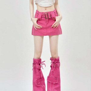 Pink Y2K Mini Skirt & Leg Warmers Set - Retro 90s Grunge, Summer Party, Club Out