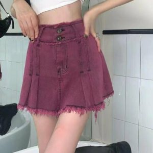 Pink Y2k Pleated Denim Mini Skirt - 90s Grunge, Retro, Summer, Party, and Club