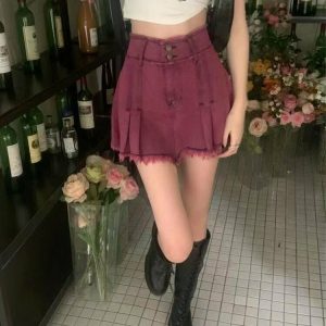 Pink Y2k Pleated Denim Mini Skirt - 90s Grunge, Retro, Summer, Party, and Club