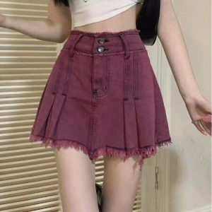 Pink Y2k Pleated Denim Mini Skirt - 90s Grunge, Retro, Summer, Party, and Club