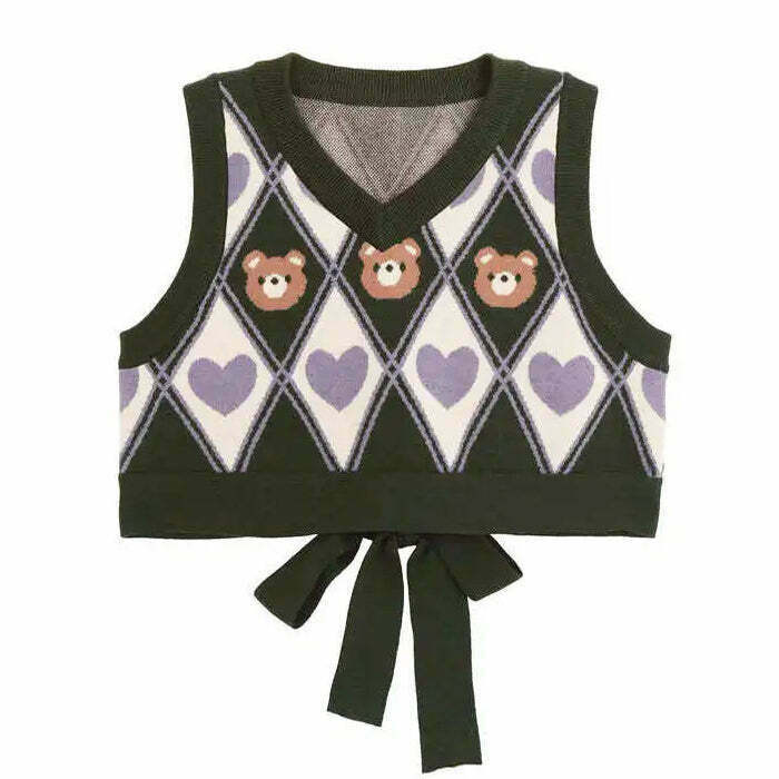 Preppy Bear Argyle Crop Vest - Y2K & 90s Fashion, Grunge, Retro, Summer & Party