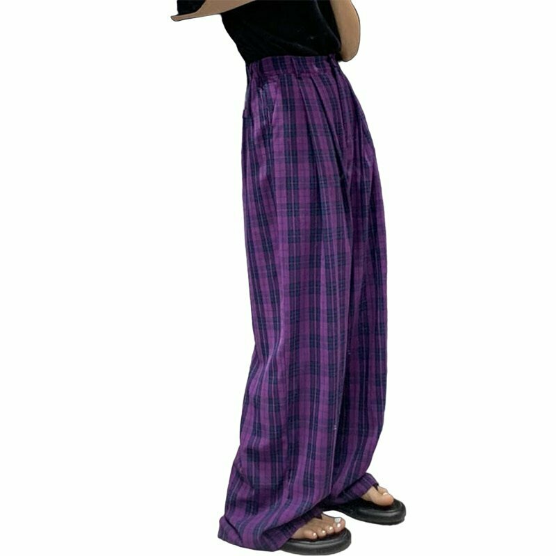 Purple Plaid Wide Leg Pants - Y2K Grunge 90s Fashion, Retro Summer Outfits, Y2K