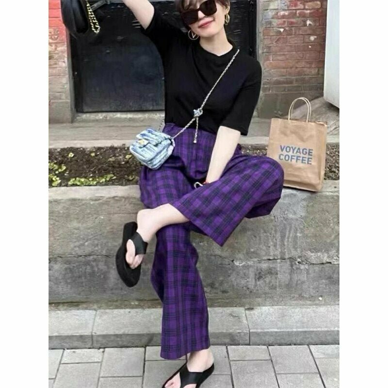 Purple Plaid Wide Leg Pants - Y2K Grunge 90s Fashion, Retro Summer Outfits, Y2K