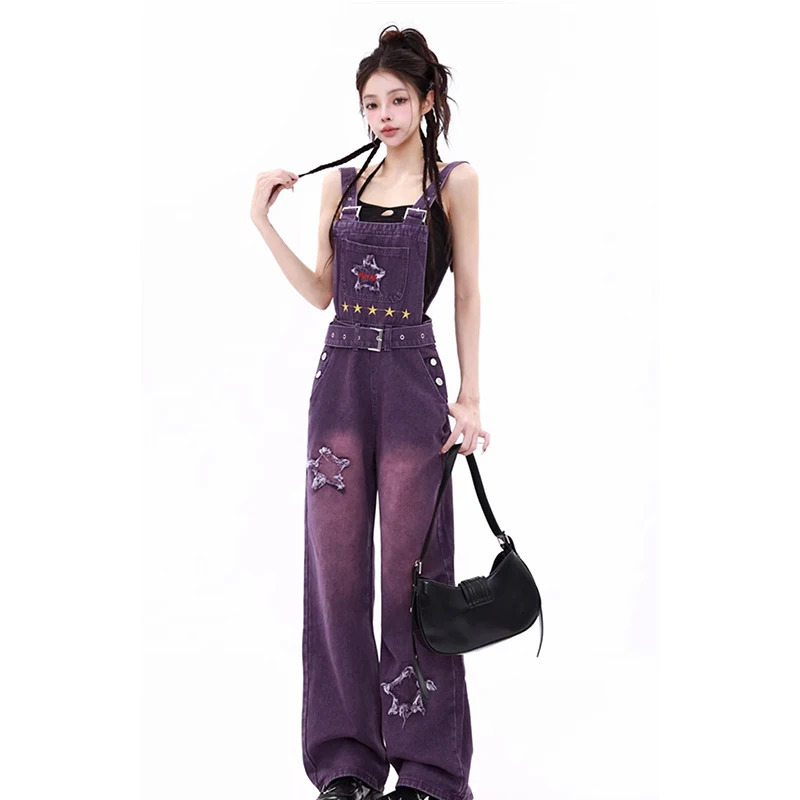 Purple Vintage Y2K Suspender Jeans: Streetwear Wide Leg Denim Trouser