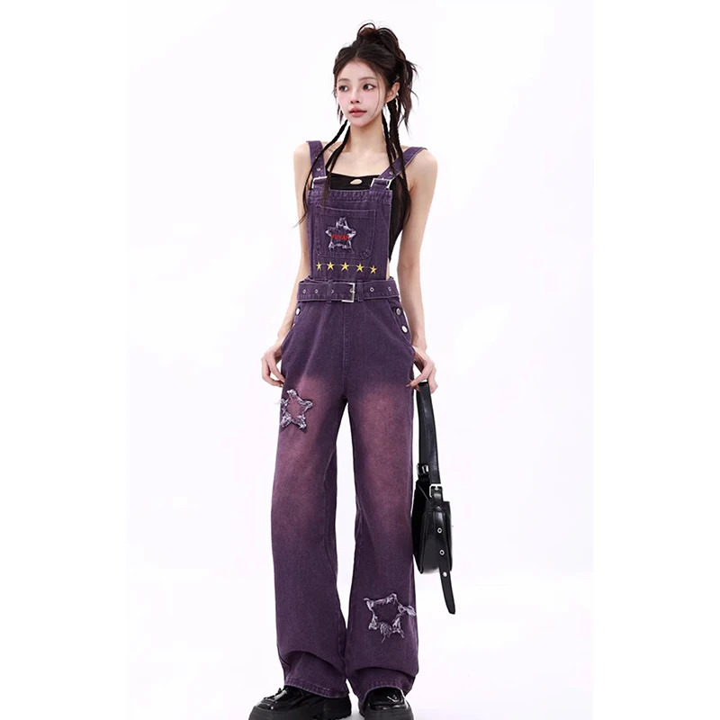 Purple Vintage Y2K Suspender Jeans: Streetwear Wide Leg Denim Trouser