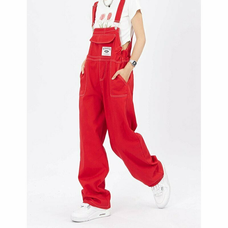 Red Suspender Jeans - Y2K & 90s Fashion, Grunge, Retro, Summer & Party Outfits for