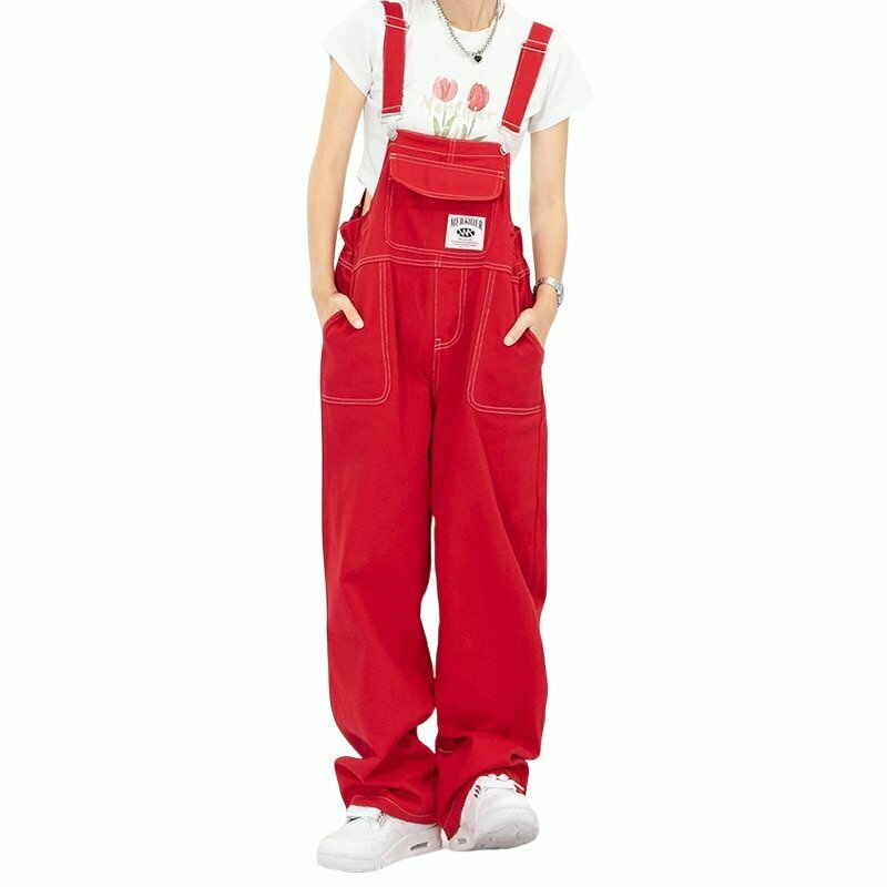 Red Suspender Jeans - Y2K & 90s Fashion, Grunge, Retro, Summer & Party Outfits for