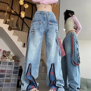 Retro Blue Women's Jeans - High Waist Y2K Street Fashion - Wide Leg Baggy Jeans