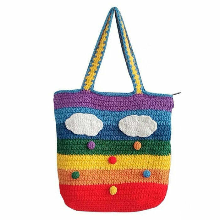 Retro Y2K Rainbow Knitted Tote Bag - Perfect for 90s Grunge, Summer, and Party Outfits