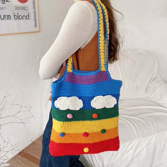 Retro Y2K Rainbow Knitted Tote Bag - Perfect for 90s Grunge, Summer, and Party Outfits