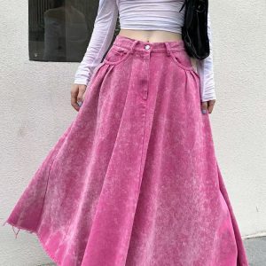 Rose Red Distressed A-line Skirt - Y2K Summer Grunge Outfit, 90s Fashion, Retro Style