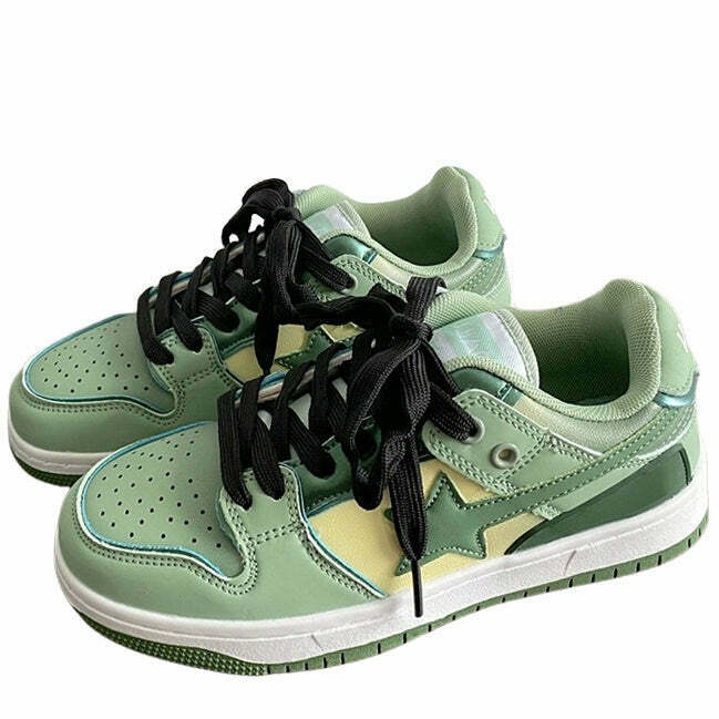 Sage Green Star Sneakers - Y2K & 90s Fashion, Grunge, Retro, Summer & Party Outfits