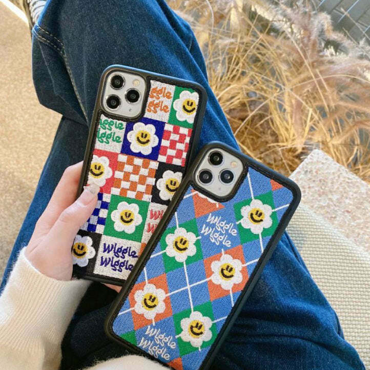 Smiley Flower Embroidery iPhone Case - Y2K & 90s Fashion, Retro Grunge, Pastel Goth