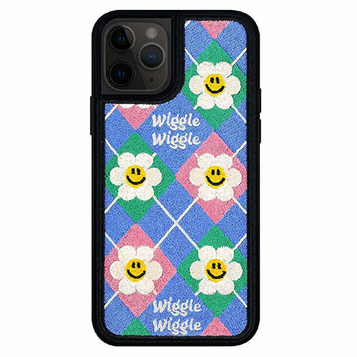 Smiley Flower Embroidery iPhone Case - Y2K & 90s Fashion, Retro Grunge, Pastel Goth